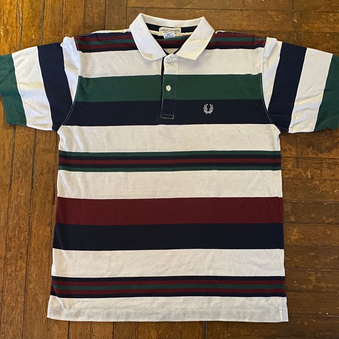 FRED PERRY White with Navy Blue Green & Maroon Large Polo Shirt